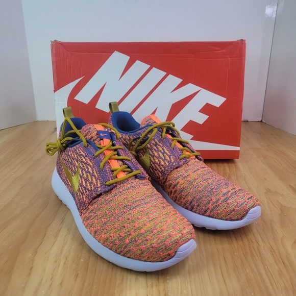 Nike Women's 8 Roshe One Flyknit‎ Brigade Blue/Dark Citron-Glow 704927-402 - Picture 1 of 6